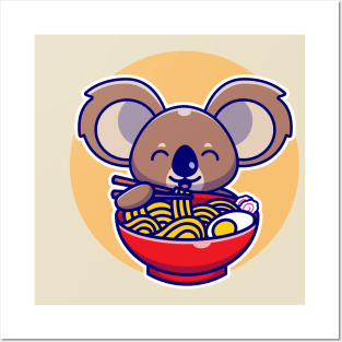 Cute Koala Eating Noodle With Chopstick Cartoon Posters and Art